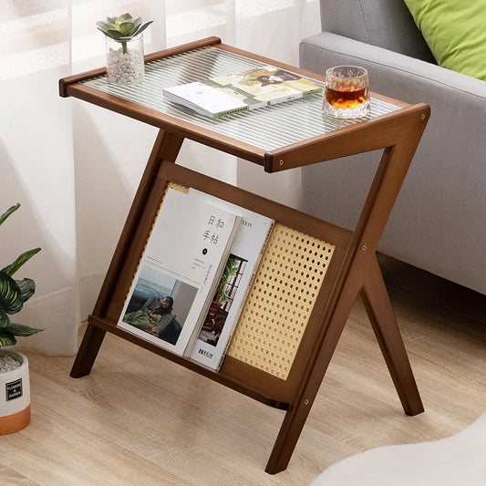 Rattan Side Table Nordic Style Small Coffee Table Modern Glass Table