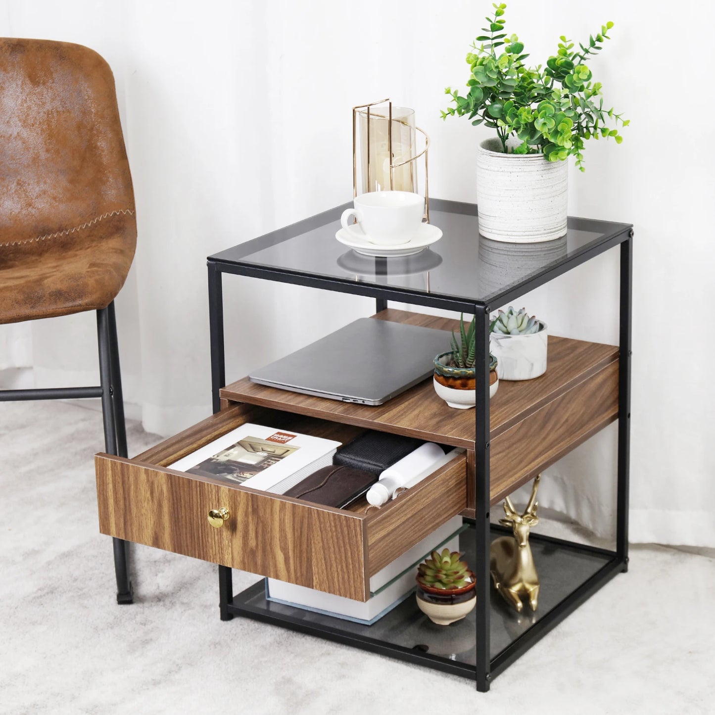 Modern Tinted Tempered Glass Bed Side Table, Nightstand, with Wood Drawer and Shelf