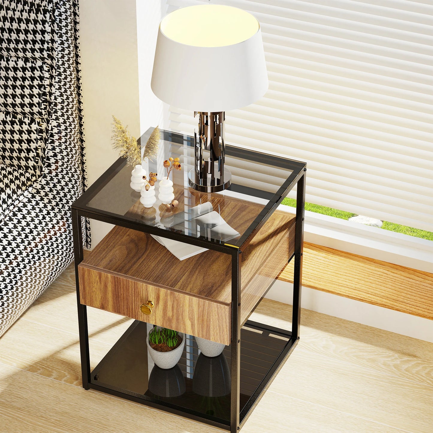 Modern Tinted Tempered Glass Bed Side Table, Nightstand, with Wood Drawer and Shelf