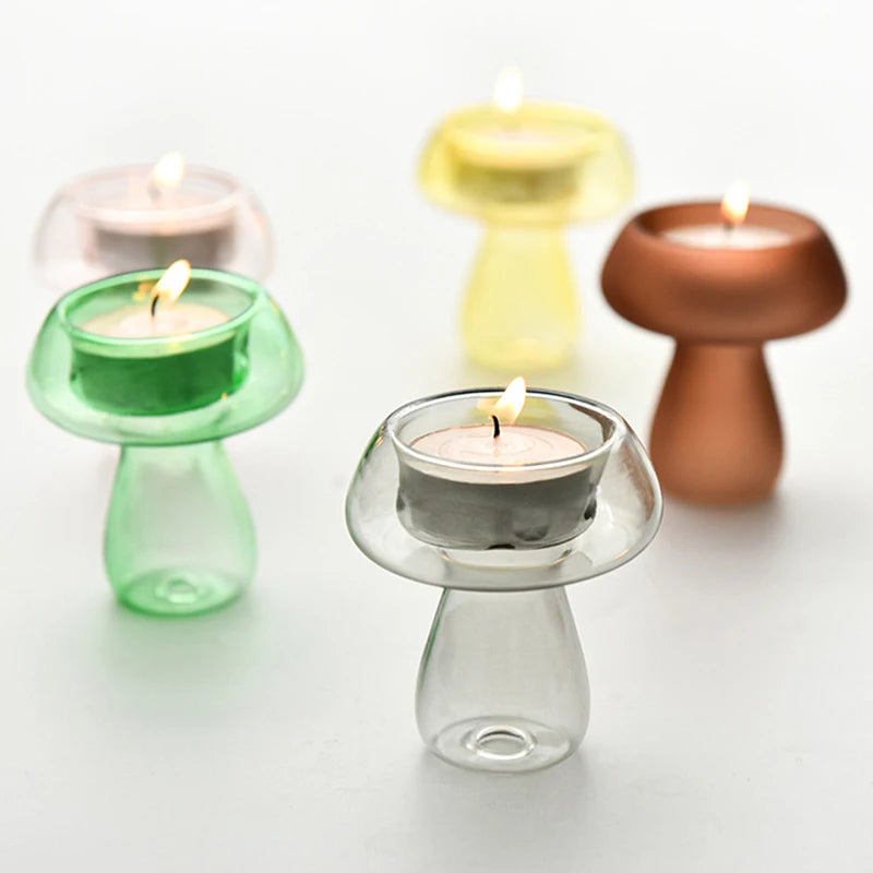 Mushroom Shaped Coloured Glass Candle Holders Mini Tea Light Holder Table Decor