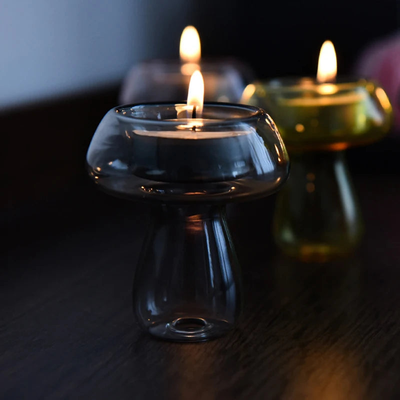 Mushroom Shaped Coloured Glass Candle Holders Mini Tea Light Holder Table Decor