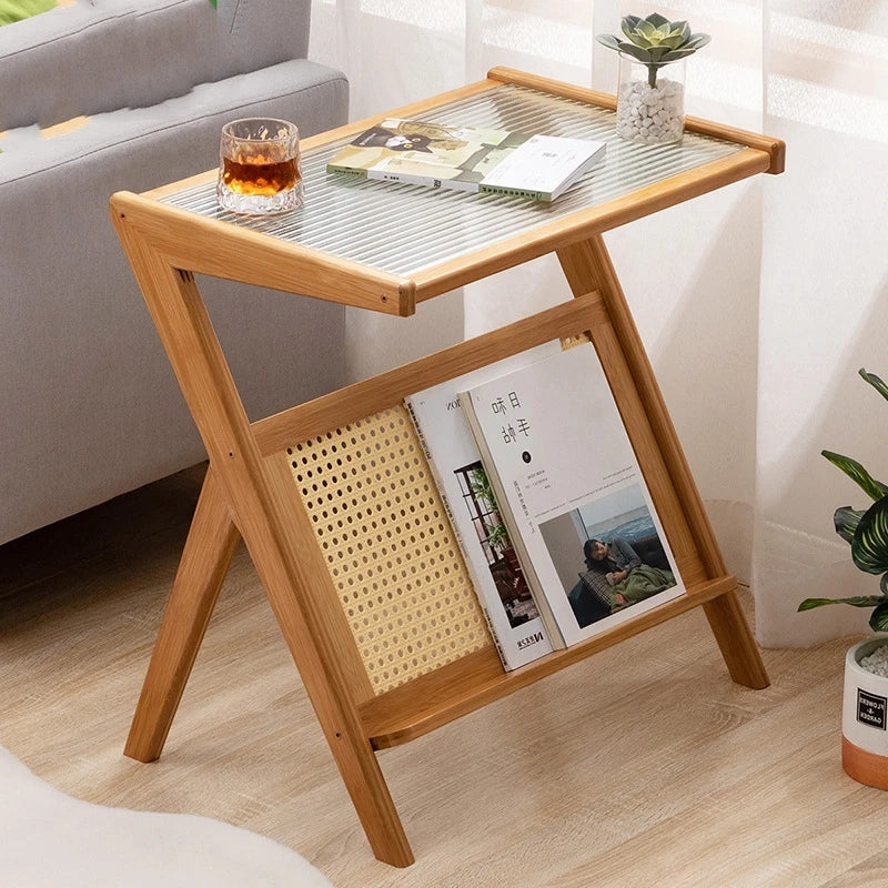 Rattan Side Table Nordic Style Small Coffee Table Modern Glass Table