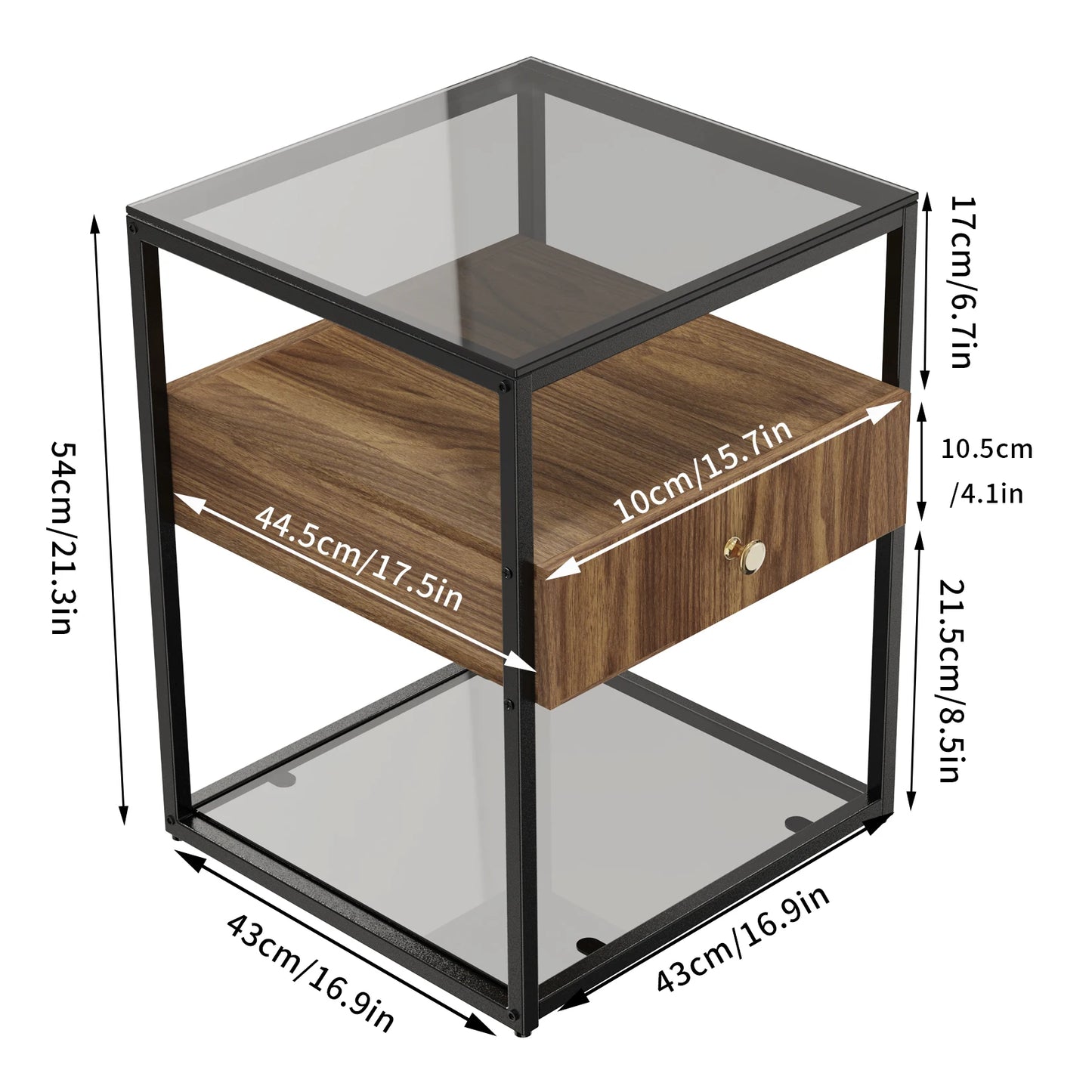 Modern Tinted Tempered Glass Bed Side Table, Nightstand, with Wood Drawer and Shelf